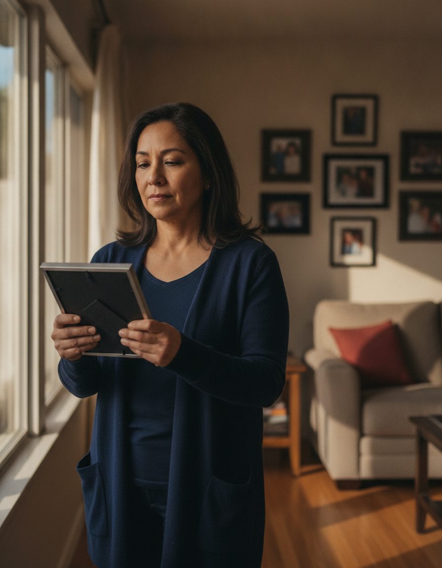 Mujer sosteniendo un retrato familiar junto a la ventana