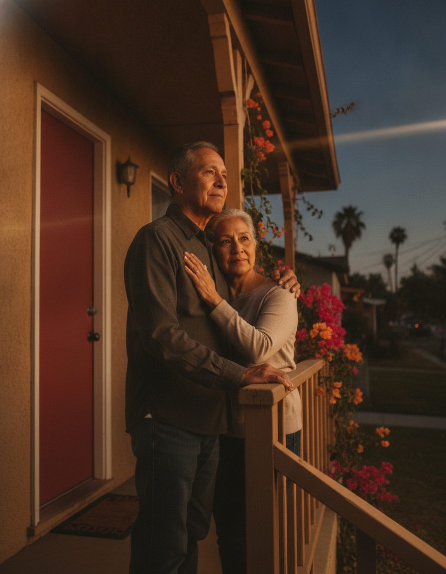 Pareja mayor sentada en el porche de su casa al atardecer