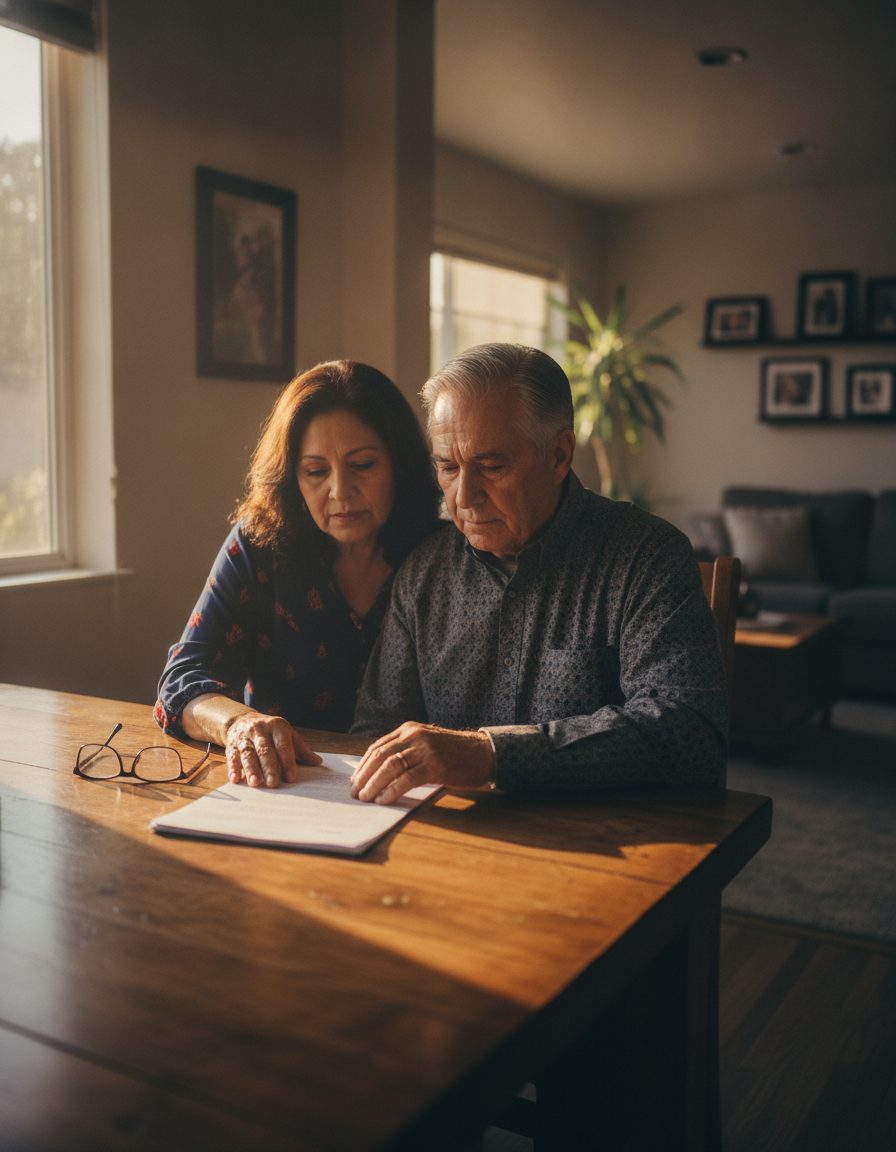 Pareja mayor revisando junta un documento en la mesa de su casa