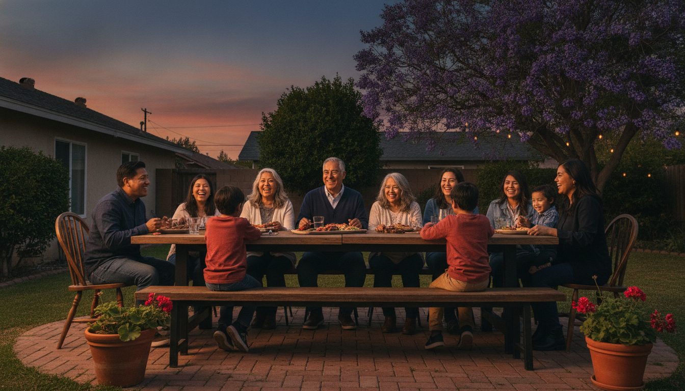 Familia multigeneracional cenando junta en el patio al atardecer