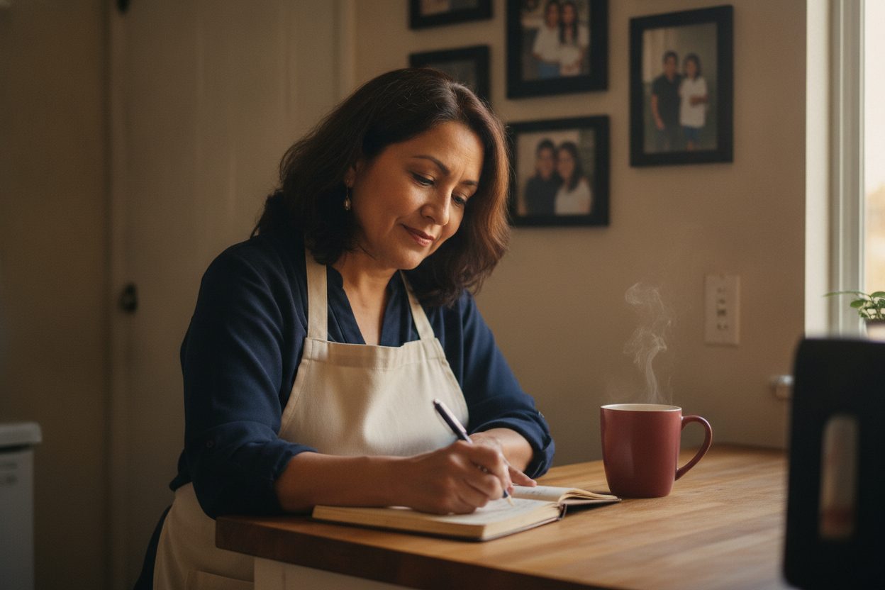 Mujer escribiendo con calma en su cocina por la mañana